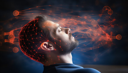 Man with glowing head visualizing back pain or spinal issues, medical concept with copy spaceの素材
