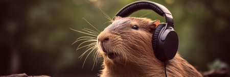 Cute capybara wearing headphones listening to music, with copy space for text. Banner designの素材
