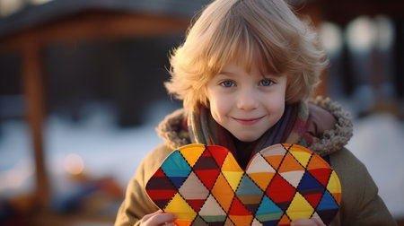Young boy holding colorful puzzle heart on white background with copy space for textの素材