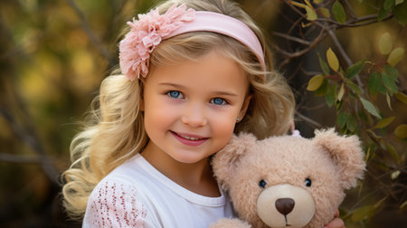 Girl embracing teddy bear against forest background, blank space for text, love and care conceptの素材