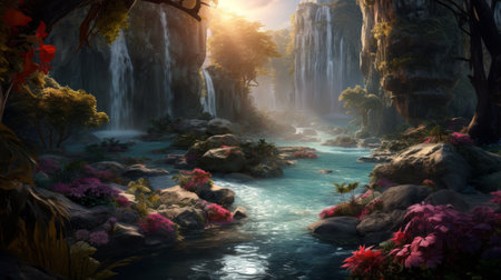 Fantasy waterfall with autumn trees and beautiful flowers, serene idyllic landscapeの素材