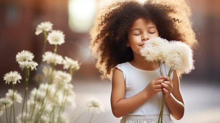 Young girl next to colorful flowers outdoors, allergy concept with copy space for text. Bloomの素材