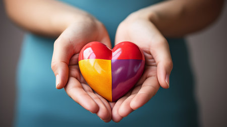 Autism awareness - childs hands holding puzzle heart in support of autism spectrumの素材