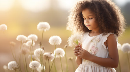 Child girl with flowers outdoors, allergy concept with blurred background and space for textの素材
