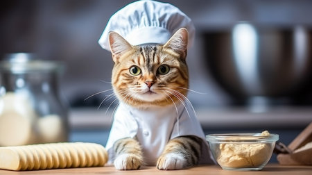 Funny cat in apron cooking homemade pie in defocused kitchen, copy space for textの素材