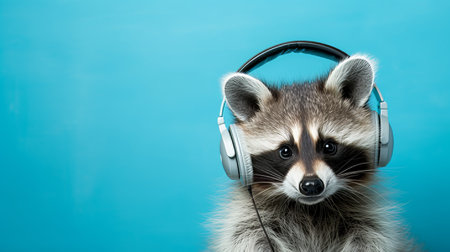 Raccoon dj in headphones on blue background with ample copy space for text or designの素材
