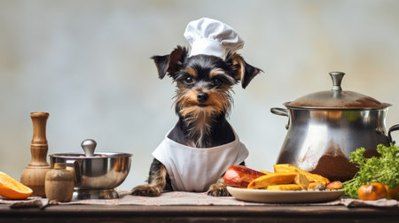 Funny yorkshire terrier cooking pie in apron on kitchen background with copy spaceの素材