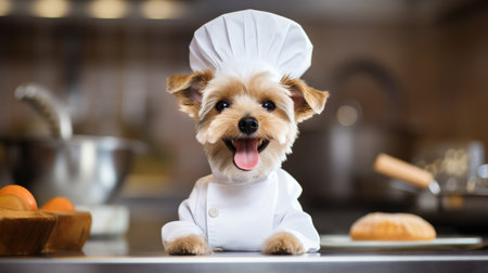 Adorable yorkshire terrier in apron cooking pie with copy space on blurred kitchen backgroundの素材