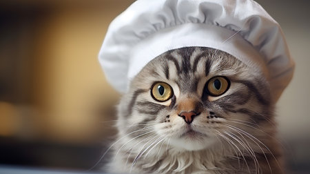 Adorable funny cat baking pie in a cute apron on blurred kitchen background with space for textの素材