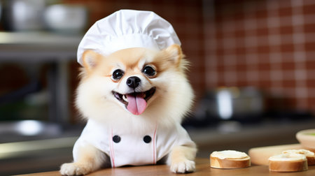 Cute pomeranian spitz dog cooking pie, wearing apron in kitchen setting with copy spaceの素材