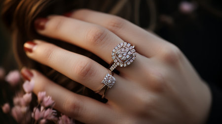 Close-up of elegant diamond engagement ring on womans hand, ideal for proposals and weddingsの素材
