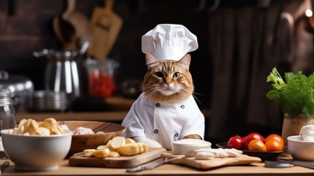 Cute cat in an apron cooking a delicious pie in a blurred white kitchen with space for textの素材