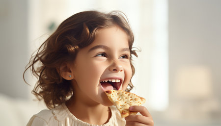 Happy girl enjoying a slice of delicious pizza on white kitchen background, copy spaceの素材