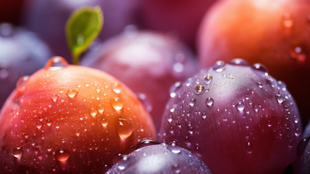 Close-up of water droplets on fresh washed fruit with copy space on blurred backgroundの素材
