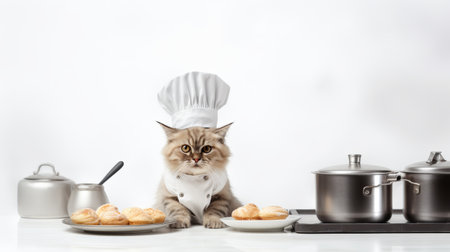 Adorable cat in apron baking a pie with copy space on blurred white kitchen backgroundの素材