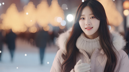 Asian woman walking on blurred winter street background with copy spaceの素材