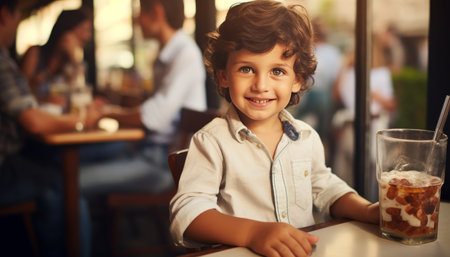 Happy kid boy with big smile in blurred white cafe interior, copy space for textの素材