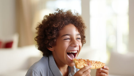 Happy young boy enjoying tasty pizza in defocused kitchen background with space for textの素材