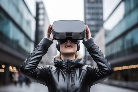 Woman experiencing virtual reality with blank sign for custom text or graphics on city streetの素材