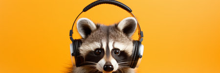 Adorable raccoon dj wearing headphones with blank copy space on vibrant orange backgroundの素材