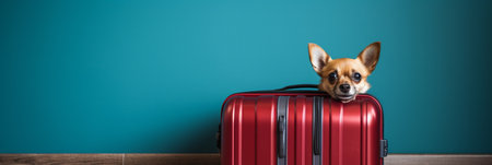 Chihuahua dog with suitcase on blue background, travel concept. Banner template with copy spaceの素材