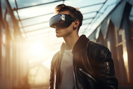 Man wearing virtual reality glasses on sunny street with ample space for text or graphicsの素材