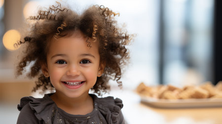 Happy girl with blurred background and copy space for text, joyful female in defocused settingの素材