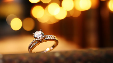 Beautiful diamond engagement ring on blurred background - romantic wedding proposal conceptの素材