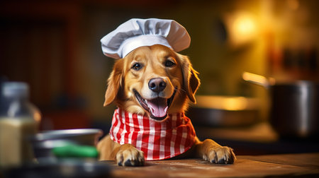 Humorous golden retriever dog baking pie, wearing apron in white kitchen with copy spaceの素材