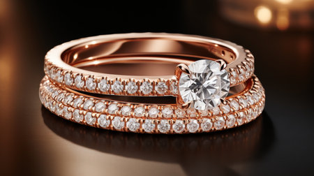 Close-up of exquisite classic-cut diamonds on beautiful engagement rings showing elegant detailsの素材