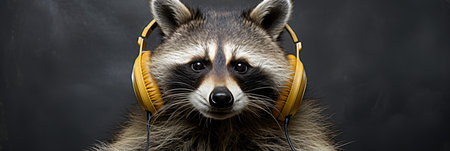 Raccoon dj in headphones with copy space on black background for music events and parties bannerの素材