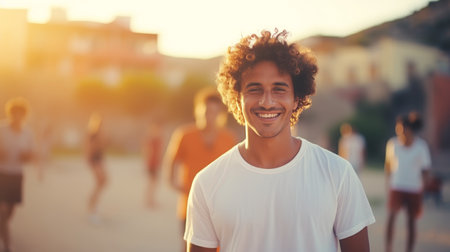 Happy man having a great time playing outdoors with blurred backgroundの素材
