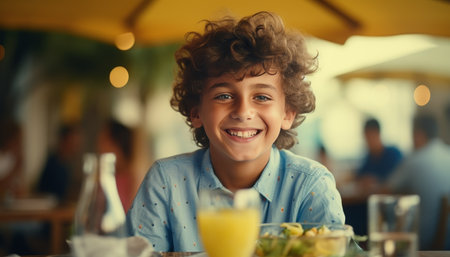 Happy little boy enjoying a day at the cafe with copy space on defocused white backgroundの素材