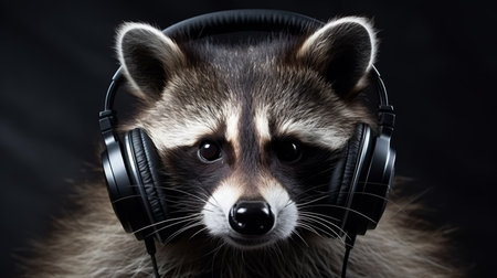 Raccoon dj in headphones on black background for music events and parties - bannerの素材