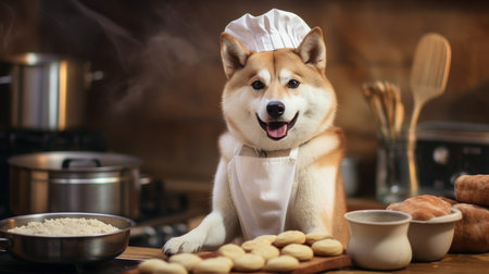 Adorable akita inu dog cooking and baking a pie in apron on blurred kitchen backgroundの素材