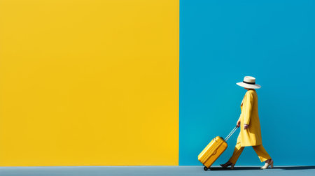 Woman in elegant attire with suitcase, ready for travel, space for text, travel conceptの素材