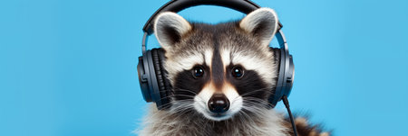 Raccoon dj in headphones with copy space on blue background for music events and partiesの素材