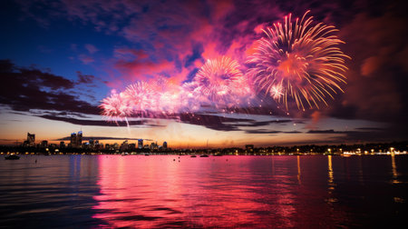 Medium shot of city skyline silhouette with vibrant fireworks bursting in the night skyの素材