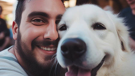 Smiling man at home with his beloved dog. expressing love and friendship between human and animalの素材