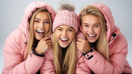 Happy young women friends taking selfie on white background with copy space for textの素材