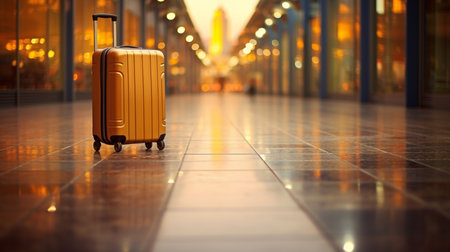 Vintage travel suitcase on train station platform with copy space, retro luggage bagの素材