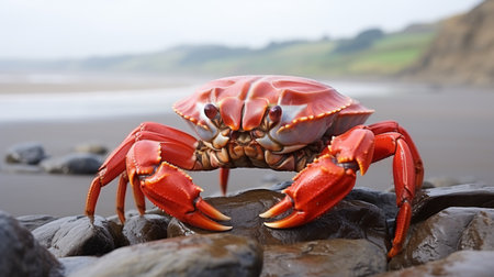 Crab on beach coast with blurred background, copy space for text, and ocean wavesの素材