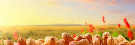 Organic peanuts pile on blurred background, copy space for text, healthy ingredients bannerの素材