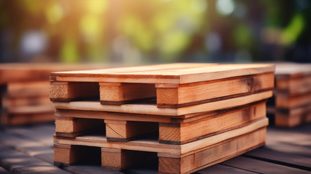Stack of wooden pallets in industrial warehouse for cargo and shipping on blurred white backgroundの素材