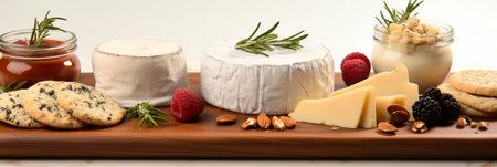 Banner. Platter of assorted cheeses with crackers, berries, and copy space on white backgroundの素材