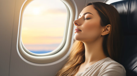 Comfortable woman peacefully sleeping in luxurious business class seat on airplaneの素材
