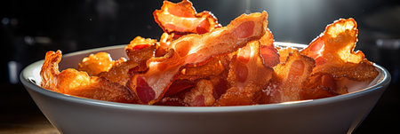 Crispy bacon strips background. Delicious fried pork banner. Tasty snack concept for cooking blogs.の素材