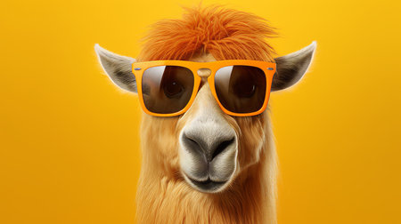 Funny alpaca in sunglasses on orange background. Humorous animal with copy space for textの素材