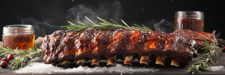 Delicious succulent pork ribs baked with honey and spices on white background bannerの素材