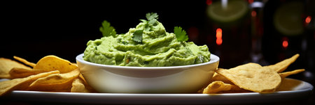 Tortilla chips and guacamole on blurred white background with copy space. Banner designの素材